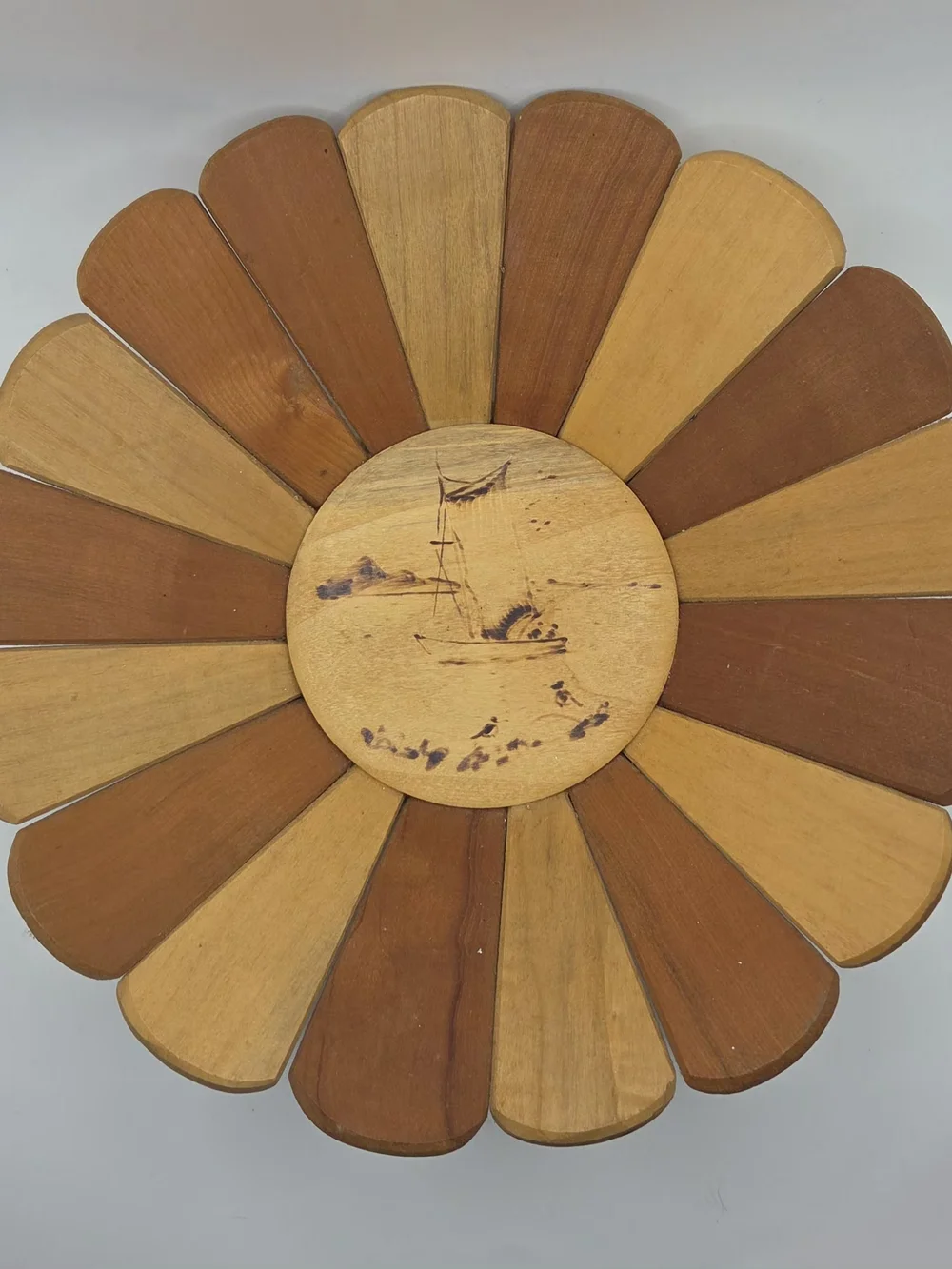 Wooden Fruit Bowl Handmade In Chile Fishing Boat Scene